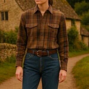 Lauren Ralph Lauren Shirt Women's Size L Worsted Wool Brown Plaid Button Front